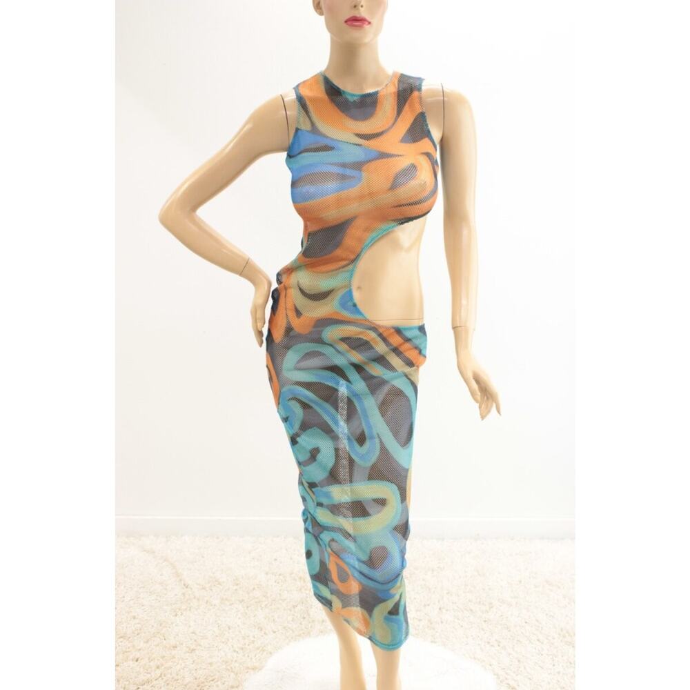 Icon Swim Suit Cover up Mesh Cut out Abstract Graphic Print Body Con Size M